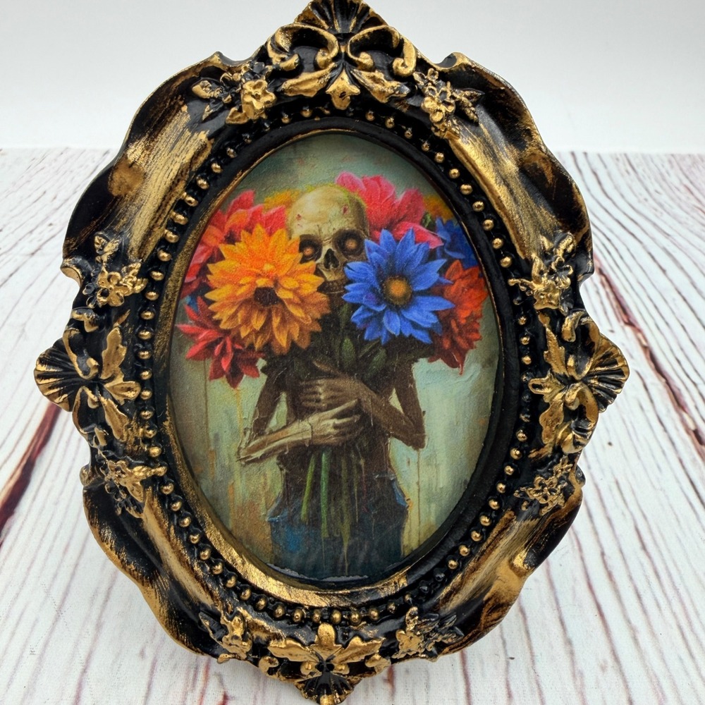Gothic Skull Floral Art Print Ornate Gold Black Resin Frame Decoupage 4.75in